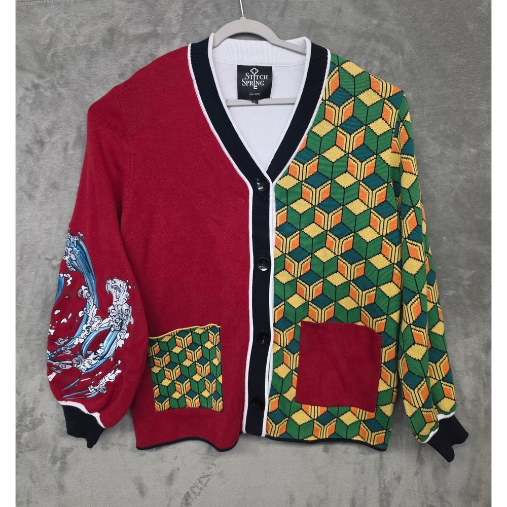 Stitch Spring Giyu Tomioka Demon Slayer Cardigan Mens Large Red Green Geometric